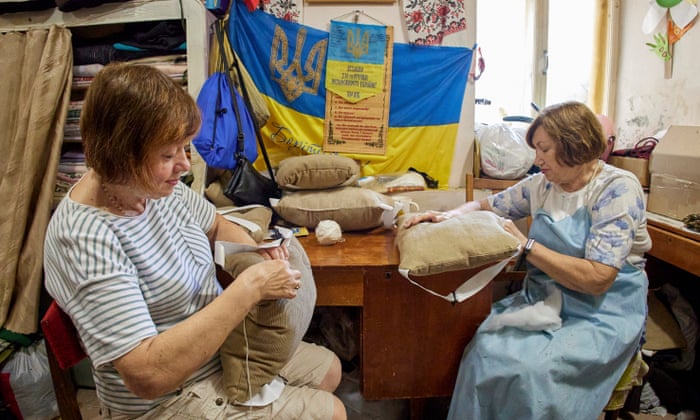 Ukrainian volunteers make pillows for the army in Kharkiv, Ukraine.