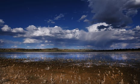 A dried out lake stands near the Navajo nation town of Thoreau, New Mexico.