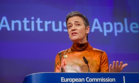 Margrethe Vestager gives a press conference on Antitrust case with Apple App Store in Brussels, Belgium, 4 March 2024.