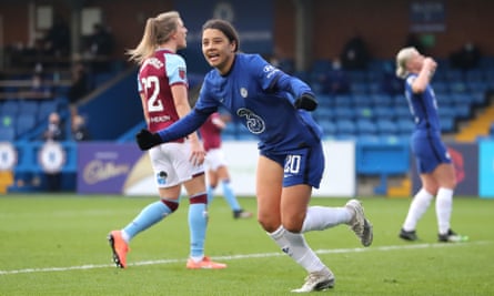 Sam Kerr celebrates scoring the first of her three goals for Chelsea in their victory over West Ham at Kingsmeadow