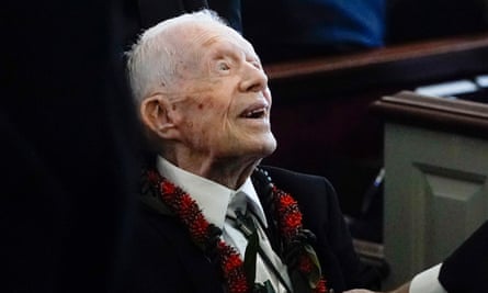 Former president Jimmy Carter at the funeral service for his wife, Rosalynn Carter, in Plains, Georgia, in November 2023.