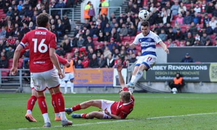 Paul Smyth leaps to head home QPR’s late winner against Bristol City at Ashton Gate.