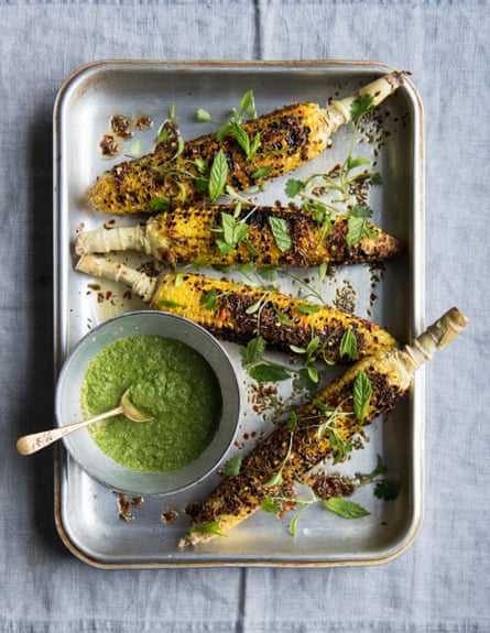 Corn on the cob with chutney and mustard-seed butter