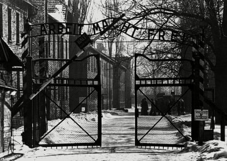 The gate to the Auschwitz death camp, in 1945.