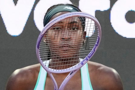 Coco Gauff watches on during a break in the Italian Open final against Ukraine’s Elina Svitolina