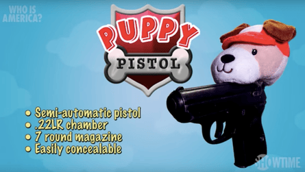 Sacha Baron Cohen’s gun-for-kids programme features a ‘puppy pistol’