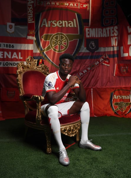 Bukayo Saka poses during the Arsenal men’s team photo-call at London Colney in August