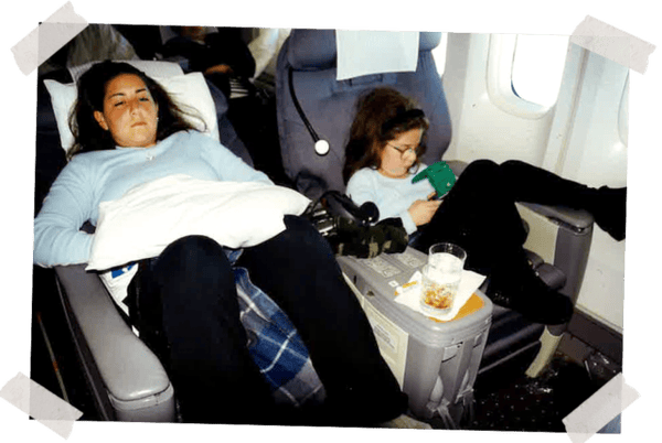 Me, left, and Natalie on an international flight in First Class, late 1990s.