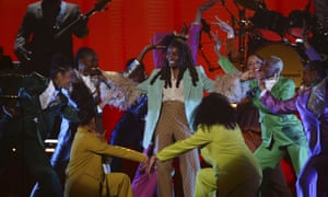 Little Simz performing on stage at the Brit Awards 2022 in London on Tuesday.