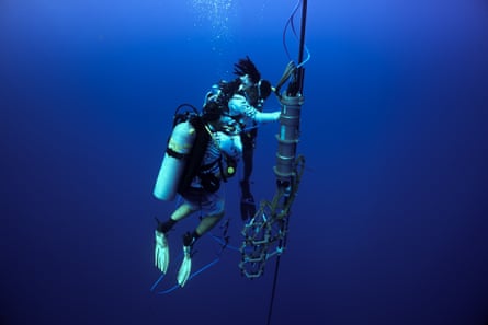 Two scuba divers in the ocean by a line that holds a large tube with cables running off it