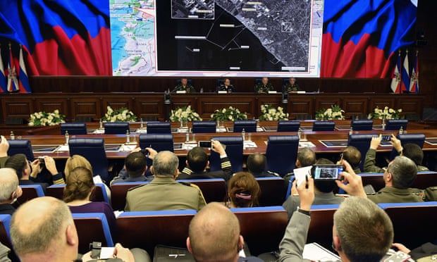 Russia's top military officials hold a press conference on the fight against terrorism in Syria at the National Defence Control Centre of the Russian Federation in Moscow