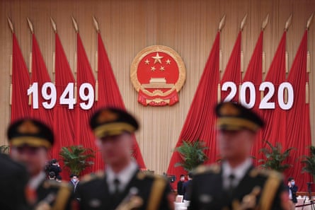 Members of a Chinese military band inside the Great Hall of the People in Beijing on the eve of China’s national day.