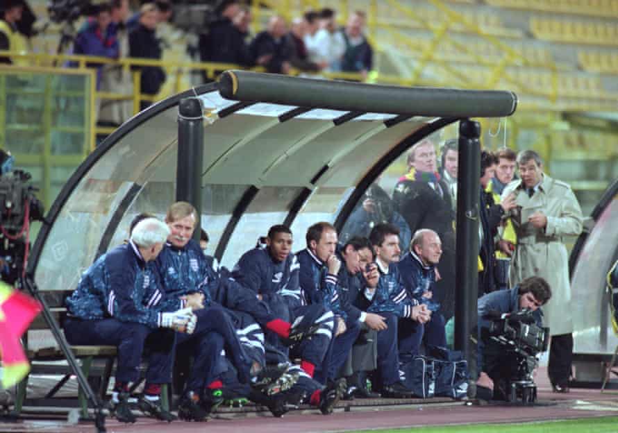 The England bench during their win in San Marino.