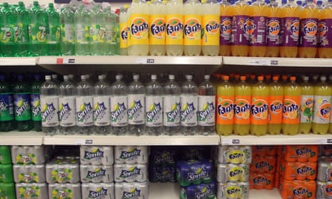 Supermarket shelves filled with soft drink bottles and cans