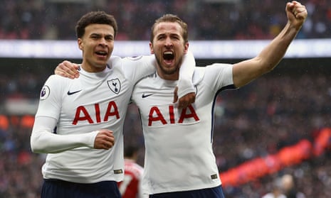 Harry Kane (right) celebrates with Dele Alli after scoring  the only goal of the game as Spurs beat Arsenal.