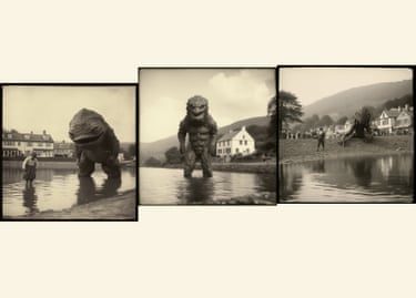 Set of three photographs of a monster-like figure in shallow waters. The image on the far left also has a little boy paddling in the water.