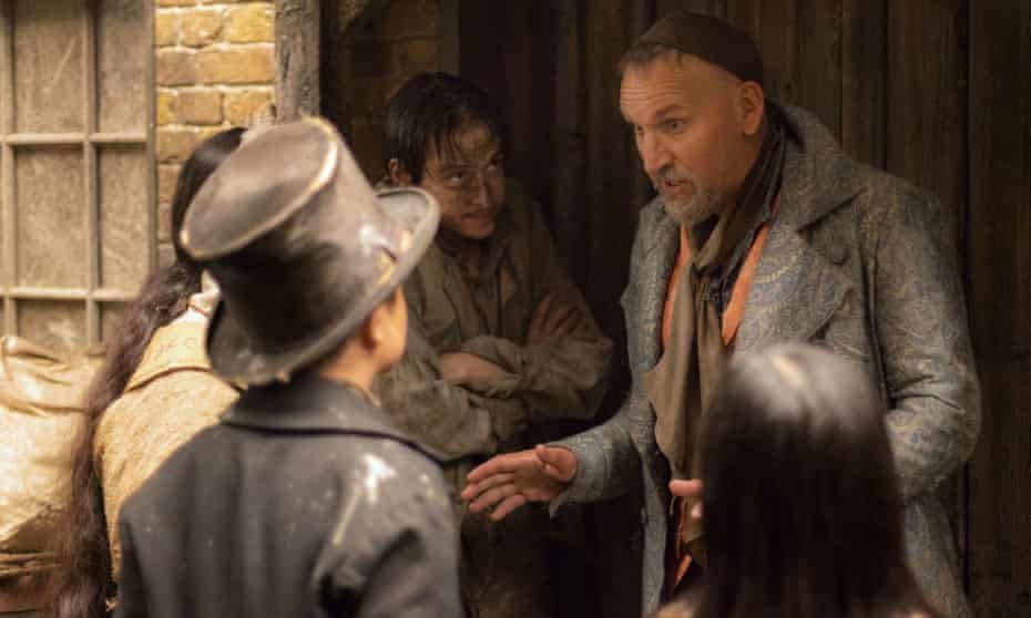 Christopher Eccleston as Fagin with other cast in the CBBC comedy drama Dodger.
