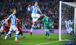 Mikel Oyarzabal celebrates after scoring the first goal for Real Sociedad.