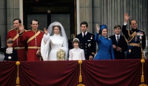 1973: the royal family wave from the balcony of Buckingham Palace after the wedding of Princess Anne and Capt Mark Phillips.