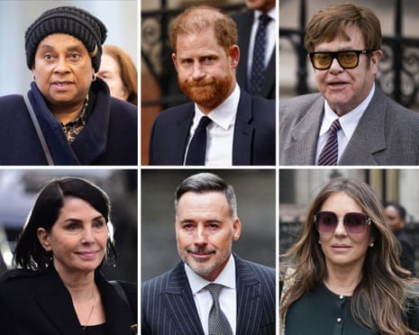 Claimants included clockwise from top left; Doreen Lawrence, Prince Harry, Elton John, Liz Hurley, David Furnish, Sadie Frost.