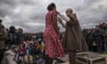 Actors from Shakespeare’s Globe theatre perform Hamlet at the Good Chance Theatre in the Calais refugee camp in February last year.