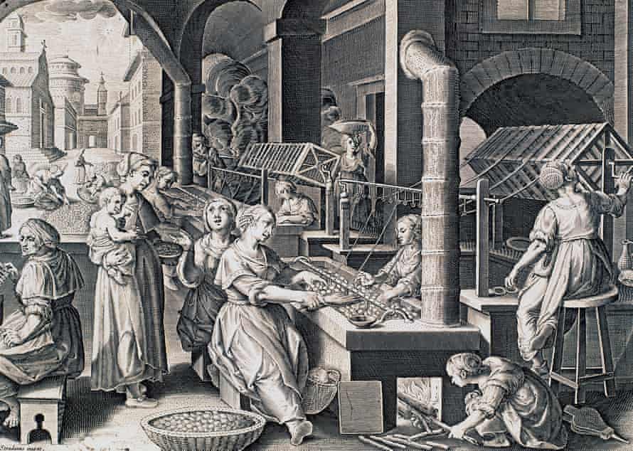 Vermis sericus, women spinning silk and heating silkworms on the fire, engraving by Stradanus (1523-1605). Italy, 16th century. (Photo by DeAgostini/Getty Images)