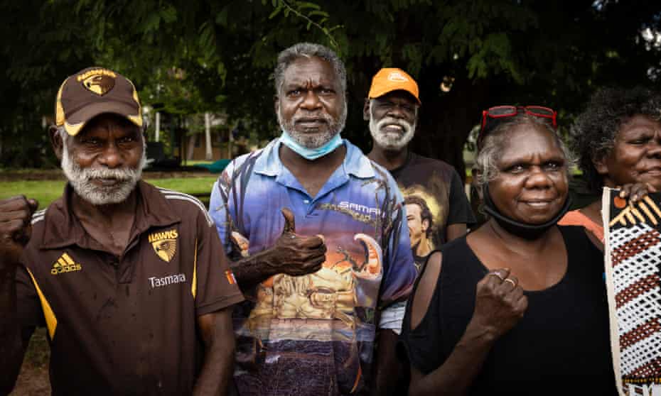 Dennis Tipakalippa (second left) and other Tiwi Islanders protesting the Barossa Gas Project.