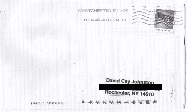 The envelope in which pages from Donald Trump’s 2005 federal tax return were sent to the journalist David Cay Johnston. The package was postmarked on 9 March in Rochester, New York.