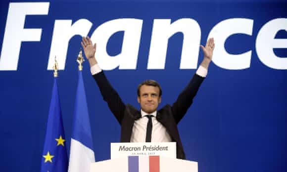 Emmanuel Macron celebrates after the first round of the French presidential election.