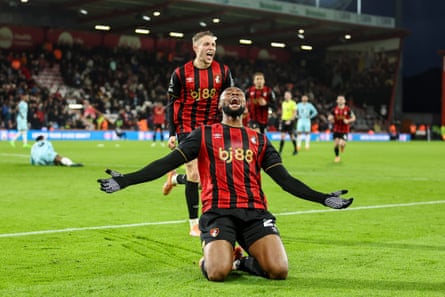 Antoine Semenyo celebrates scoring for Bournemouth against Burnley in December.