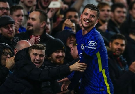 Mason Mount reacts with the Chelsea fans after going close.
