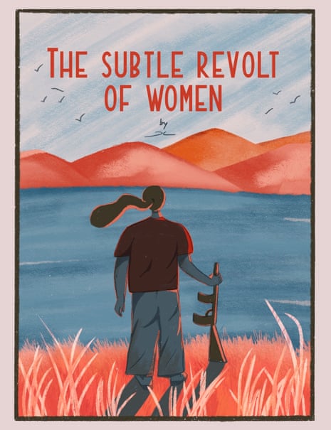 A cartoon shows a young woman holding a gun and lookinng out across a lake at some mountains.