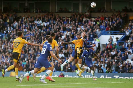 A looping header from Chelsea’s Kai Havertz gives the home side the lead in their Premier League game against Wolverhampton