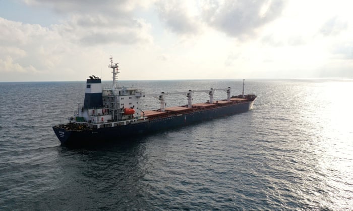 The Sierra Leone-flagged cargo ship Razoni, carrying Ukrainian grain, is seen in the Black Sea off Kilyos, near Istanbul, Turkey, 3 August.