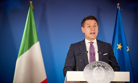 The Italian prime minister, Giuseppe Conte, attends a press conference after the EU special summit in Brussels.