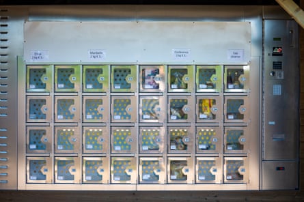 Fresh juice and fruit in an automatic vending machine in the Netherlands.