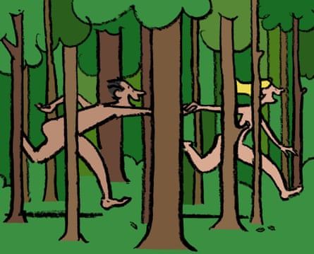 Illustration of two naked people running through the woods holding hands