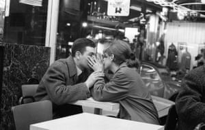 A couple gaze tenderly into each other’s eyes, St-Germain-des-Prés, Paris, February 1966