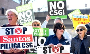 Demonstrators protest against Santos’s plans for an 850-well coal seam gas field near Narrabri, in New South Wales, in August last year. 