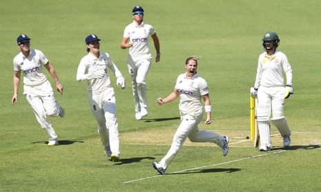 Katherine Brunt celebrates the key wicket of Rachael Haynes on day one of the Women’s Ashes Test at Manuka Oval in Canberra.