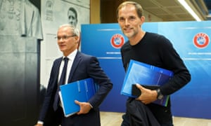 Uefa deputy secretary general Giorgio Marchetti walks alongside Thomas Tuchel, after the 2018 Uefa Elite Club Coaches Forum on Tuesday.
