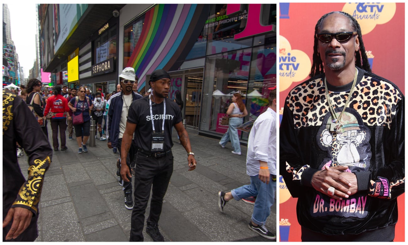 Left: Doop Snogg, center with white hat, a Snoop Dogg impersonator in Times Square. Right: The real Snoop Dogg wearing an NFT shirt.