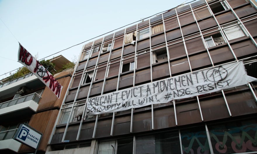Banners outside Notara 26, a self-organised refugee accommodation squat.