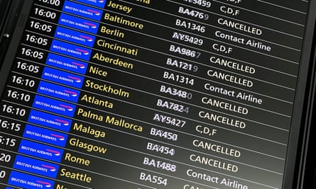 Departures board showing cancelled BA flights