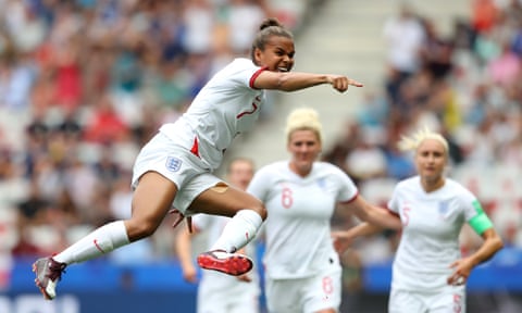 Nikita Parris of England celebrates after scoring her team’s first goal against Scotland.