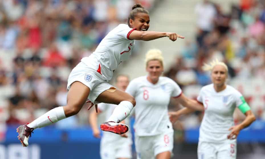 Nikita Parris celebrates after scoring for England at the 2019 World Cup. Millie Bright (No 6) and Steph Houghton (No 5) are also in the Team GB squad.