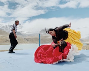 The Flying Cholitas are a group of female wrestlers in Bolivia. Here, Elizabeth La Roba Corazones and Alicia De Las Flores fight at a ring in the outskirts of El Alto.