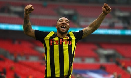 Deeney celebrates after Watford defeat Wolves in the FA Cup semi-final last month.