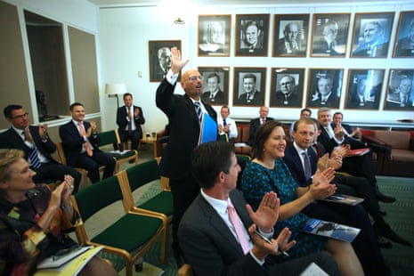 Arthur Sinodinos is welcomed back at a joint party room meeting in parliament house Canberra this morning.