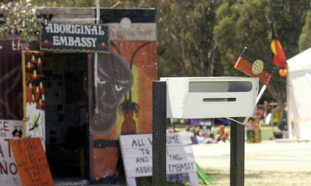The letterbox outside the Aboriginal Embassy in Canberra on its 30th anniversary.